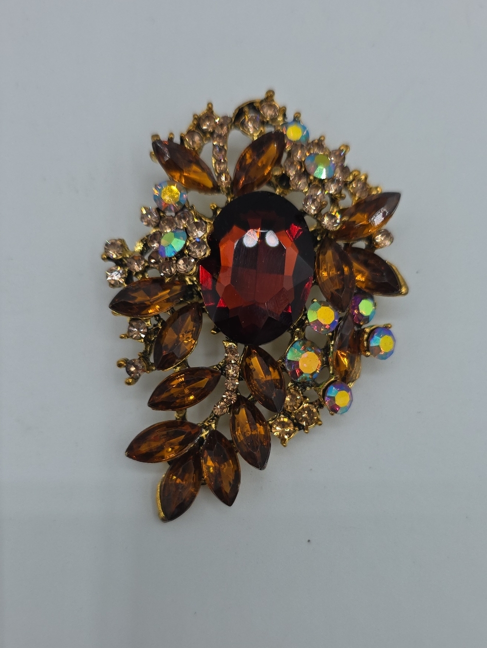 Vintage-Inspired Brown & AB Crystal Statement Brooch